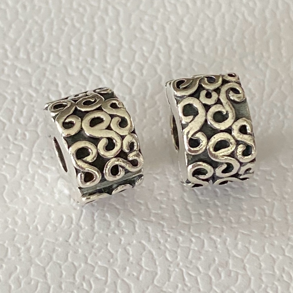 2 Authentic Pandora Sterling Silver Set of Swirl S Clip Charms ~ Retired